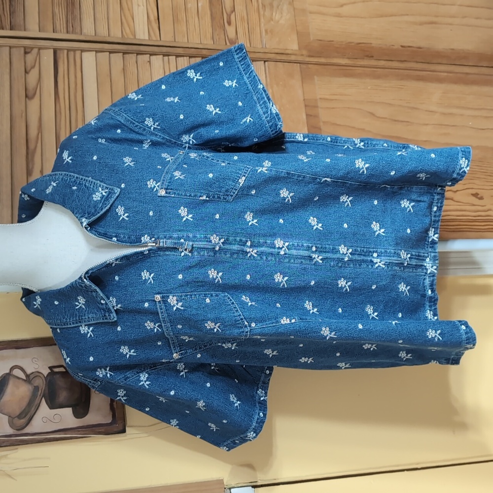 Denim & Co. Women's Blue Floral Embroidered Zip-Up Denim Top 3X NWT